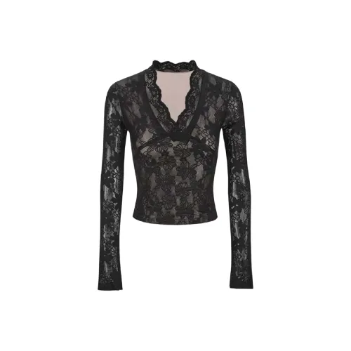 ONEPASS V Neck Lace Long Sleeved T Shirt Women's