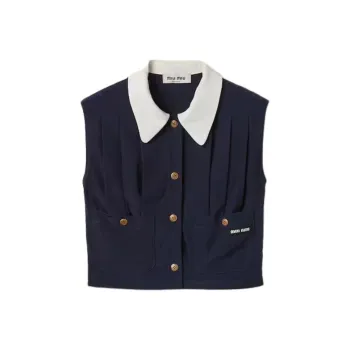 MIU MIU Pleated Marocain Top Crop Top Women's Marine Blue