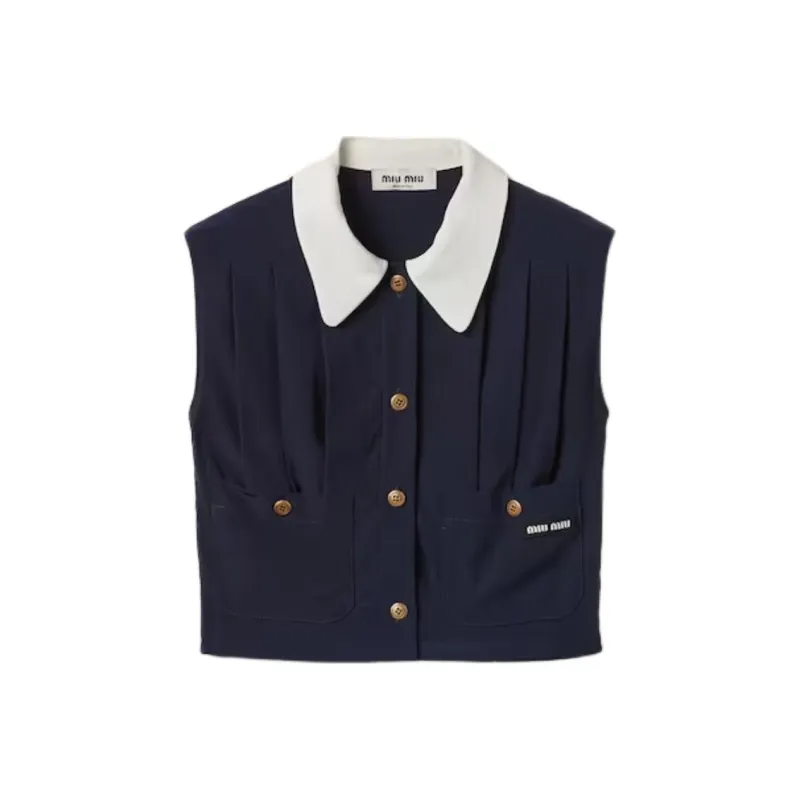 MIU MIU Pleated Marocain Top Crop Top Women's Marine Blue-0