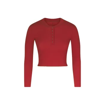Skims Skims FW23 COTTON RIB LONG SLEEVE CROP HENLEY Crop Tops Women's BRICK MULTI/Brick Red