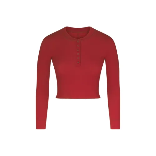 Skims Skims FW23 COTTON RIB LONG SLEEVE CROP HENLEY Crop Tops Women's BRICK MULTI/Brick Red