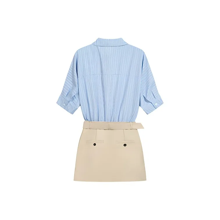 XIAOJUCHUANLI Short Sleeved Dress Women's Blue Stripes Pattern Color-1