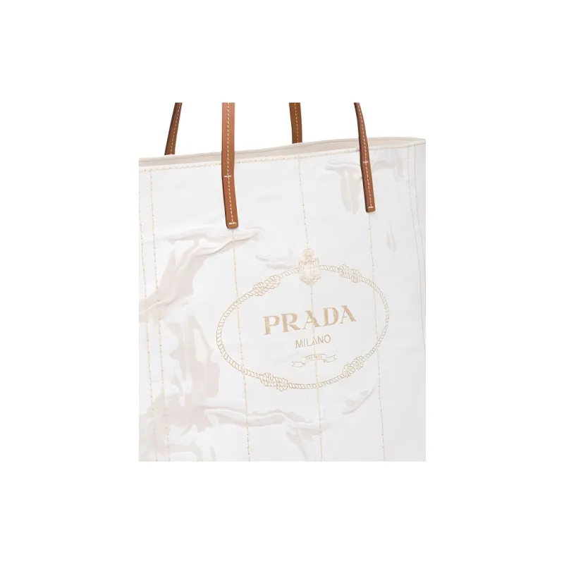 PRADA Linen Blend With Leather Tote Bag Shopping Bag Handbag Large Size Women's Beige/White Orchid-4