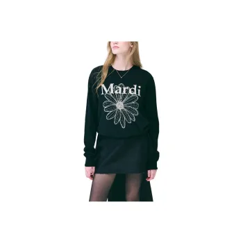 MARDI MERCREDI FW24 CASHMERE CREW NECK FLOWERMARDI BLACK CREAM Sweater Korean Style Women's Black Cream