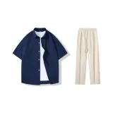 Clothing Set (Dark Blue Short-Sleeved Shirt+Ecru Casual Pants)