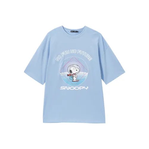 Fun x Snoopy Crew Neck Loose Fit Straight Short Sleeved T Shirt Women's Sunlight Blue
