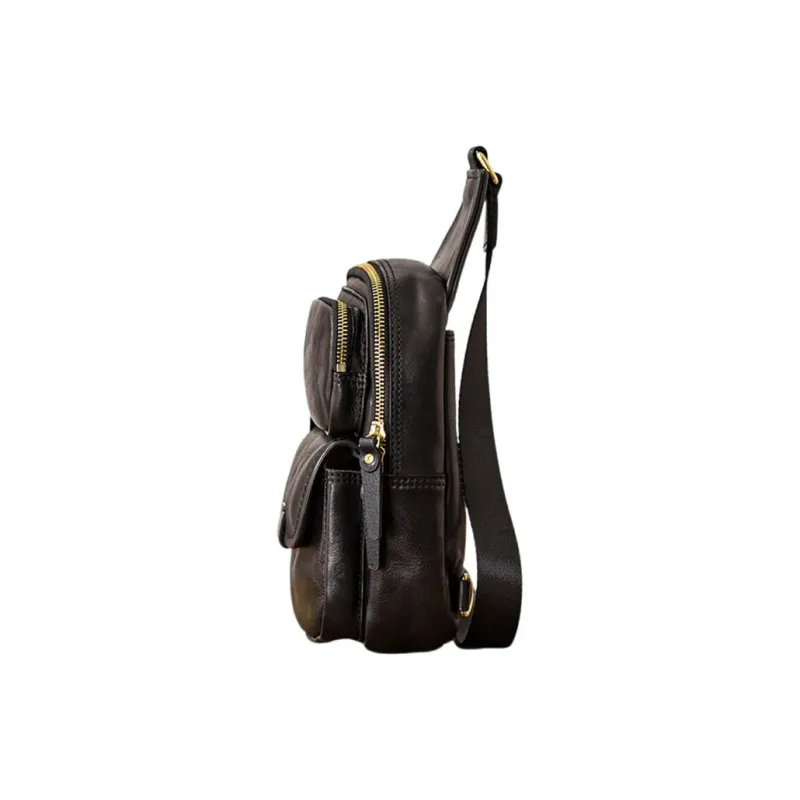 Back Step Top Grain Cow Leather Sling Bag Medium Size Unisex Black-2