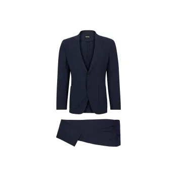 HUGO BOSS FW23 Slim Fit Suit In Checked Virgin Wool Business Suits Men's Dark Blue