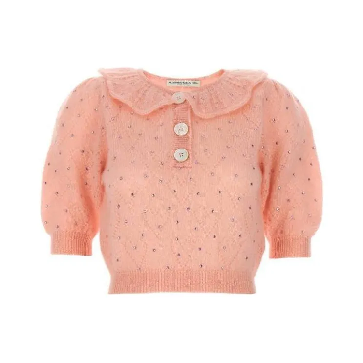 Alessandra Rich Embellished Short Puff Sleeved Knitted Top-0