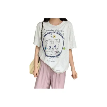 Mu Xiao Xin T Shirt Women's Gray Circle Kitten
