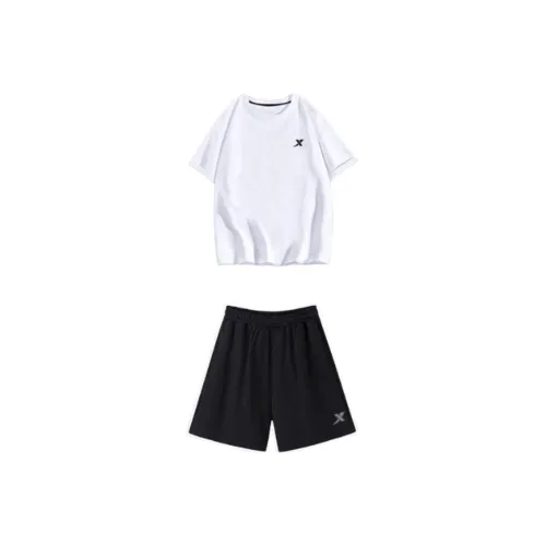 XTEP Casual Sportswear Unisex Set White Short-Sleeved Shirt+Black tiered shorts