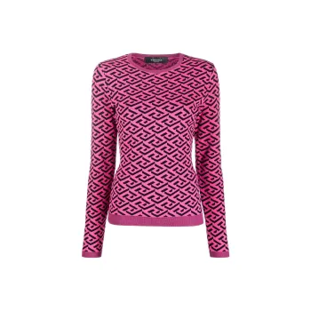 VERSACE All Over Print Geometric Pattern Jacquard Crew Neck Slim Fit Casual Long Sleeved T Shirt Women's Red