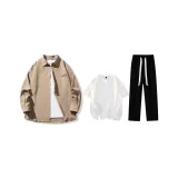 Clothing Set (Light Coffee Shirt+White Short-Sleeved Shirt+Black Casual Pants)