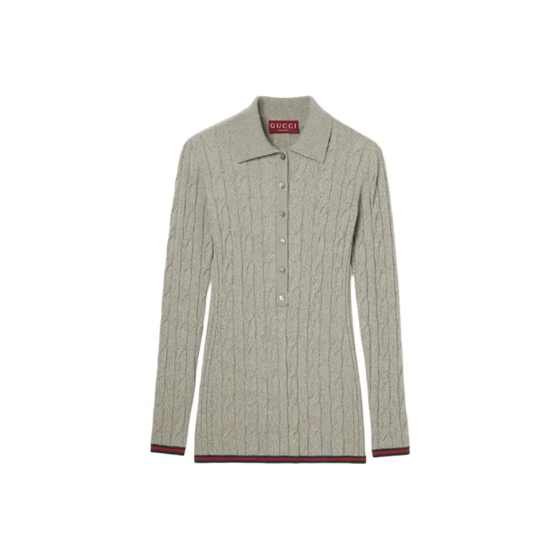 GUCCI Fine Cable And Rib Wool Polo Top 'Dove Grey'-0