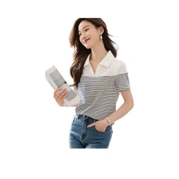 Mo Han Yi Mei T Shirt Women's Navy Blue White Stripes