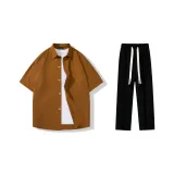Clothing Set (Dark Khaki Short-Sleeved Shirt+Black Casual Pants)
