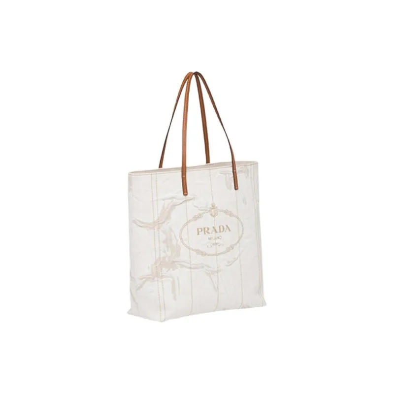 PRADA Linen Blend With Leather Tote Bag Shopping Bag Handbag Large Size Women's Beige/White Orchid-1