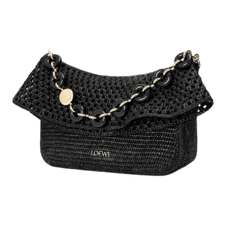 LOEWE Raffia Patchwork Calfskin Handbag Medium Size Women's Black-3