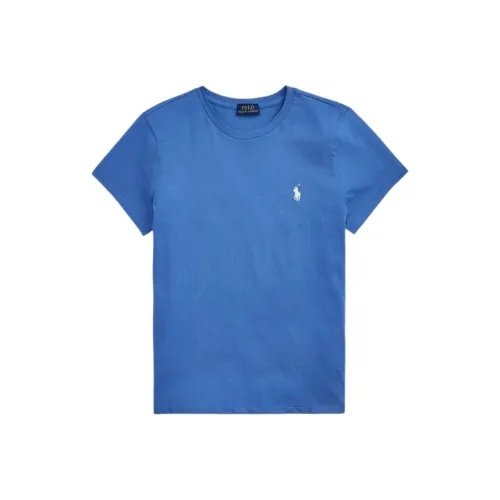Polo Ralph Lauren Cotton Plain Weave Knitted Fabric Crew Neck Short Sleeved Shirt T Shirt Women's Blue