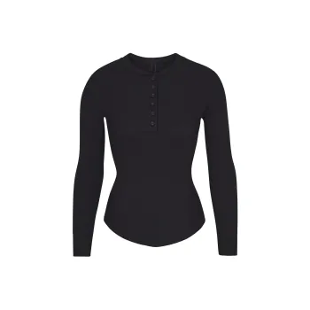 SKIMS COTTON RIB LONG SLEEVE HENLEY T-Shirt Women's SOOT/Smoke Gray