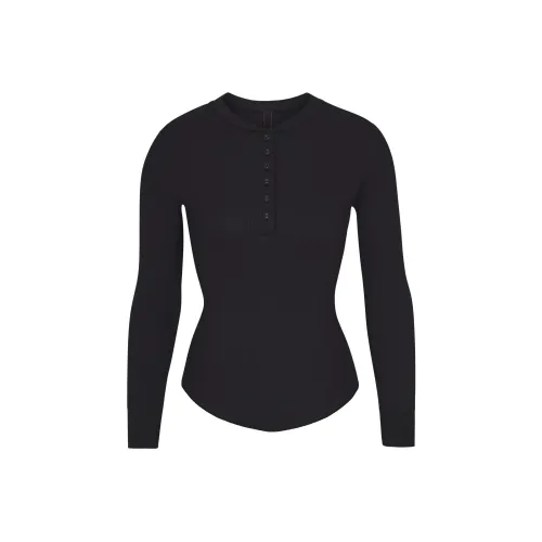 SKIMS COTTON RIB LONG SLEEVE HENLEY T-Shirt Women's SOOT/Smoke Gray