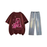 Set (Burgundy Short-Sleeved+Vintage Blue Jeans)