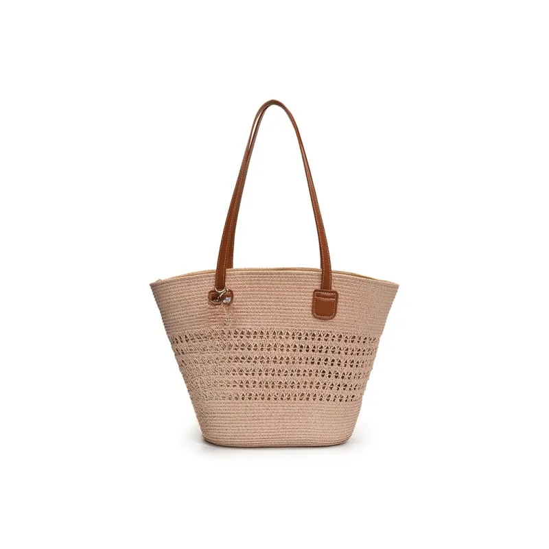 Yalu Straw Woven Basket Bag Shoulder Bag Women's Ecru/Khaki/Pink-12