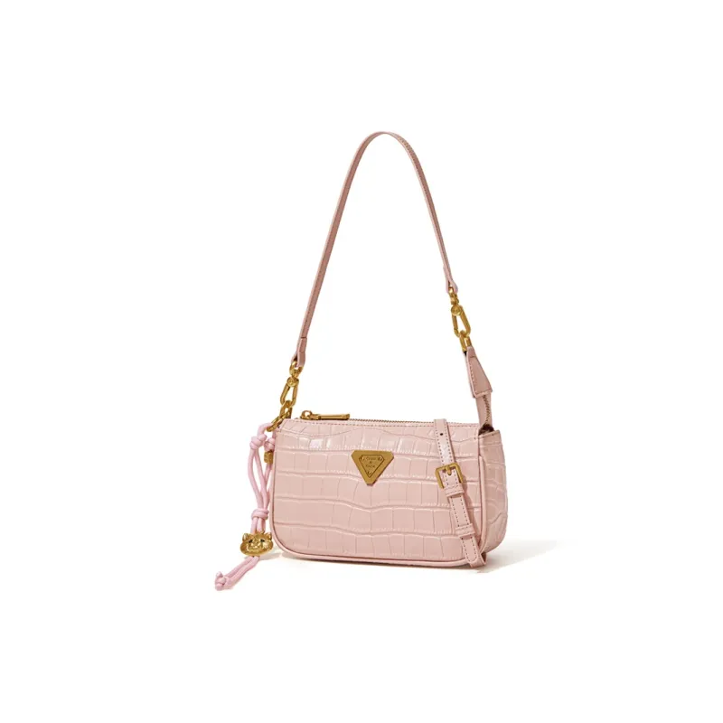 CinvaiKrose Synthetic Leather Baguette Shoulder Bag, Crossbody Bag, Shoulder Bag Small Size Women's Pink/Silver-1