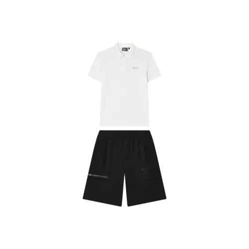 FILA Casual Sportswear Men Clothing Set Cloud White Top+Jet Black Shorts