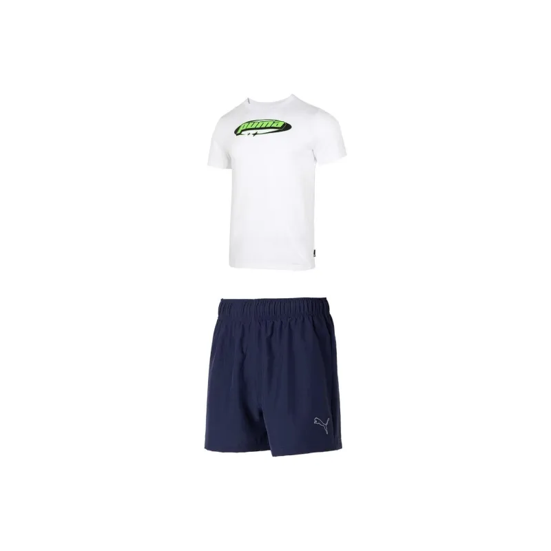 PUMA Casual Sportswear Men Clothing Set White Top+Tweed Blue Shorts-0