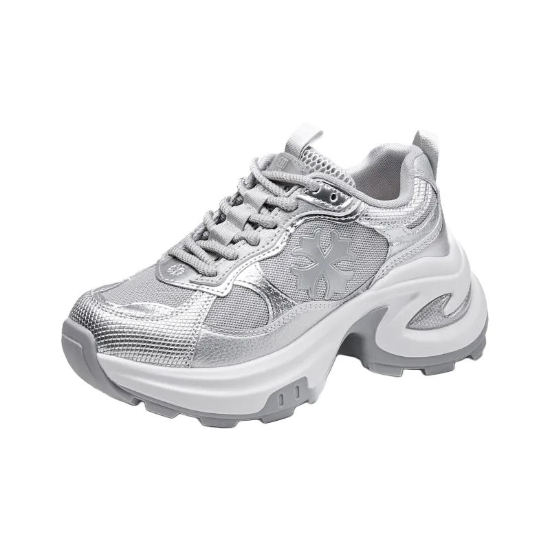 EXULL Q Slip Resistant, Breathable, Lightweight, Height Increasing Low Top Chunky Sneakers Women's Silver-1