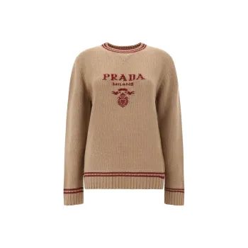 PRADA Logo-Intarsia Striped-Trim Crewneck Jumper