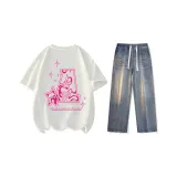 Clothing Set (White Short-Sleeved Shirt+Nostalgic Blue Jeans)