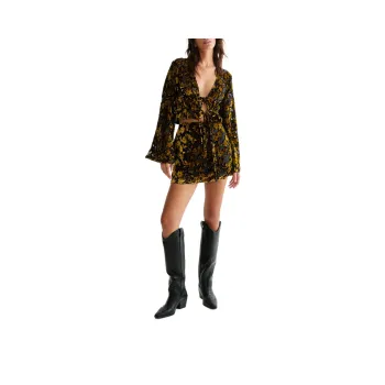 NASTY GAL Floral Devore Ruched Channel Tie Front Floaty Sleeve Top Crop Tops Women's Black