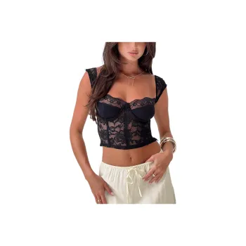 PRINCESS POLLY SHAKMAN LACE TOP Crop Tops Women's BLACK/Black