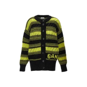 GANNI Striped Button Up Knitted Cardigan