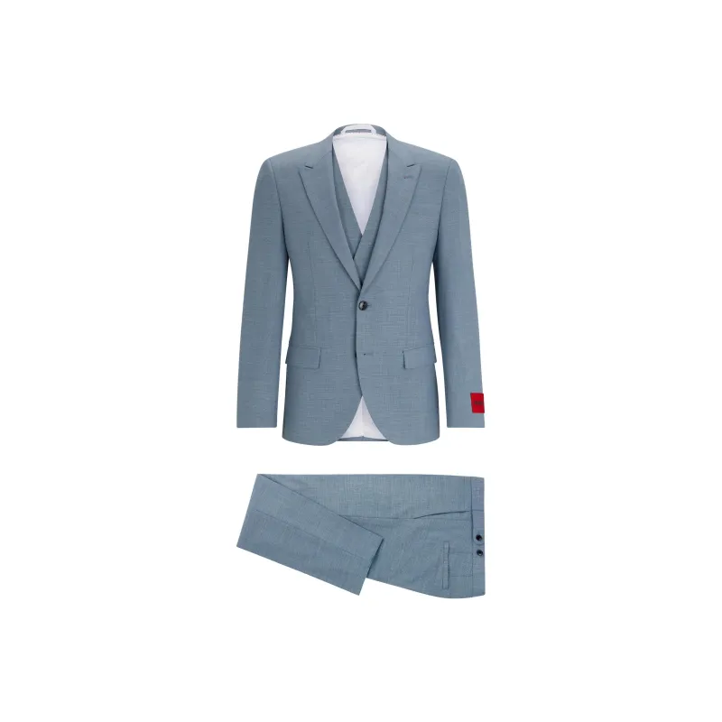 HUGO BOSS Three-Piece Slim-Fit Suit In Patterned Stretch Cloth Business Suits Men's Blue-0