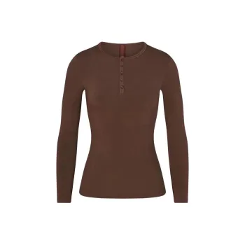 SKIMS NEW VINTAGE LONG SLEEVE HENLEY T Shirt Women's COCOA/Cocoa