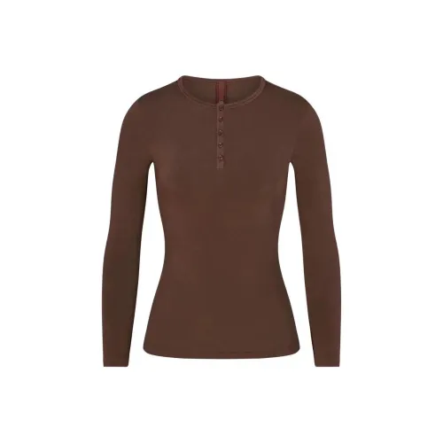 SKIMS NEW VINTAGE LONG SLEEVE HENLEY T Shirt Women's COCOA/Cocoa