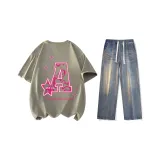 Set (Moss Green Short-Sleeved+Nostalgic Blue Jeans)