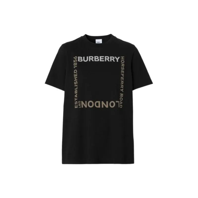 Burberry Letter Print Crew Neck Straight Fit Short Sleeved T Shirt T Shirt Women's Black-0