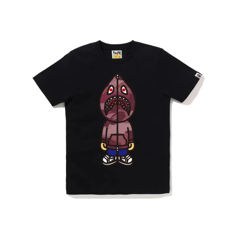 Bape Women's Grid Camo Classic Milo Shark Tee White Burgundy-3