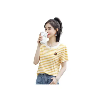 Mo Han Yi Mei T Shirt Women's White Base Yellow Stripes
