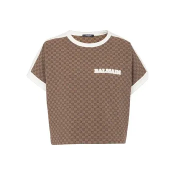 BALMAIN FW23 Mini Monogram Jacquard Jersey T-Shirt T-Shirt Women's Brown
