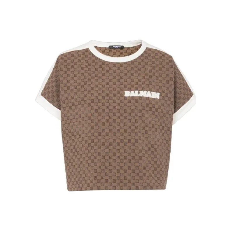 BALMAIN FW23 Mini Monogram Jacquard Jersey T-Shirt T-Shirt Women's Brown-0