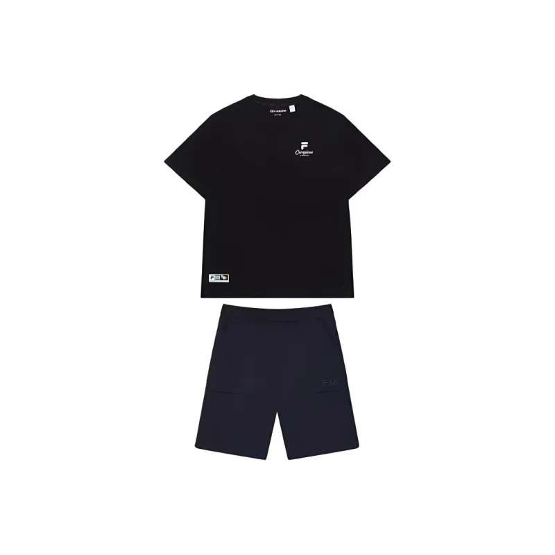FILA Casual Sportswear Men Jet Black/Legend Blue Short Sleeved Shirt+Shorts-0