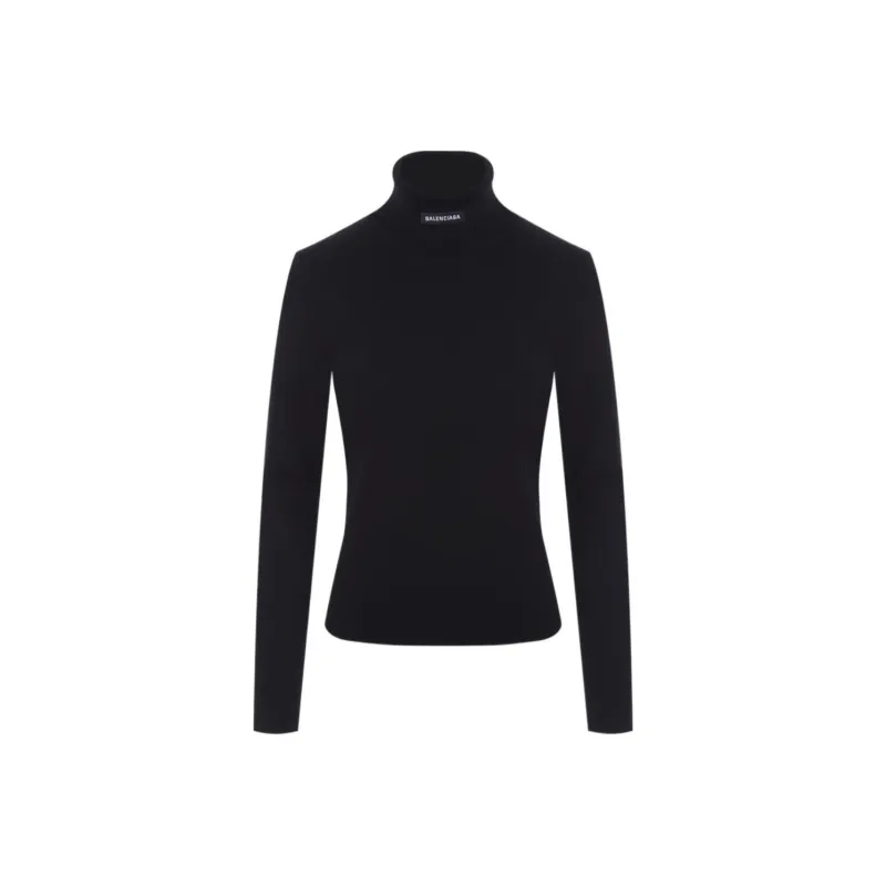 Balenciaga Women'ss Logo Patch Stretch Knit Turtleneck Sweater Black-0