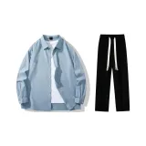 Clothing Set (Blue Long-Sleeved Shirt-6061+Black Casual Pants)