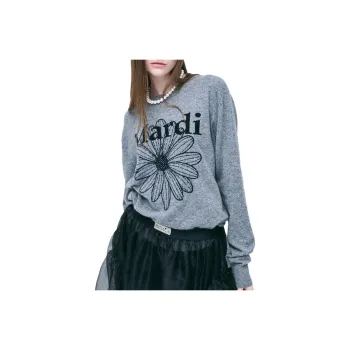 MARDI MERCREDI FW24 CASHMERE CREW NECK FLOWERMARDI GREY BLACK Sweater Korean Style Women's Gray Black