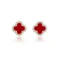 999 Silver Red Four-Leaf Clover Stud Earrings
